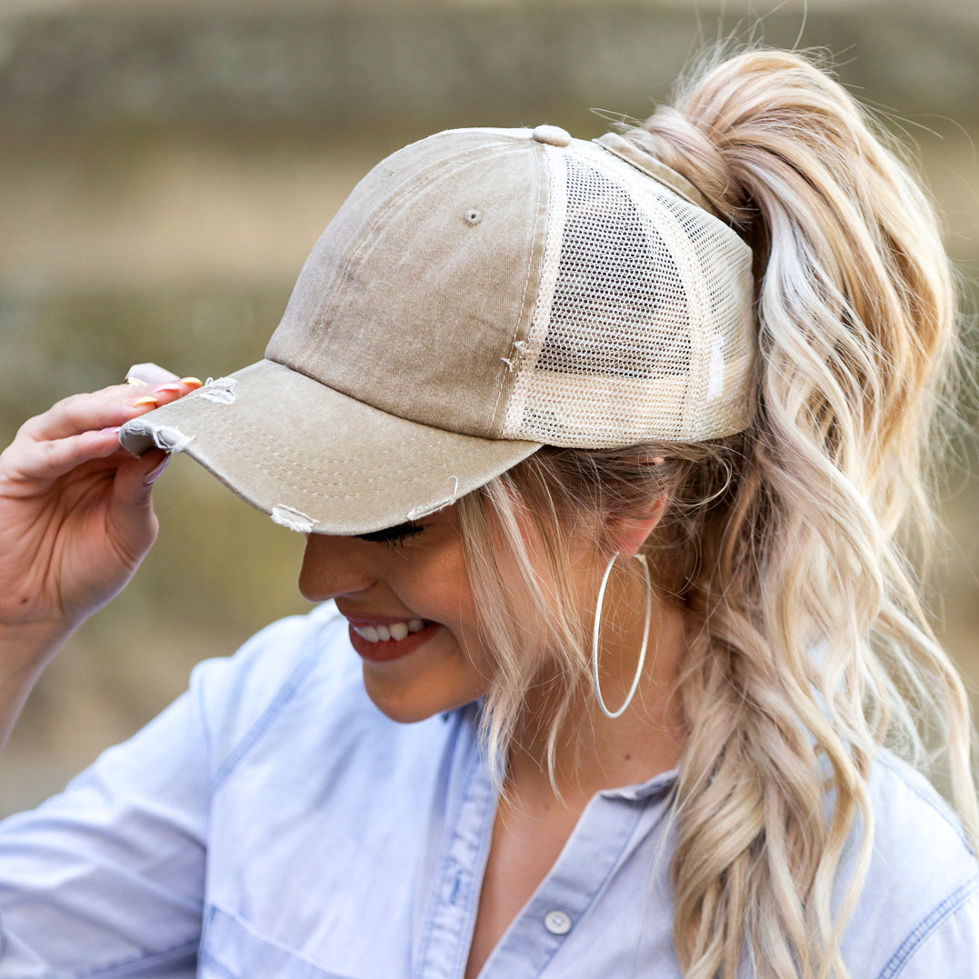Distressed Cotton Twill Mesh Nylon Messy Bun Ponytail Ball Cap | One Size