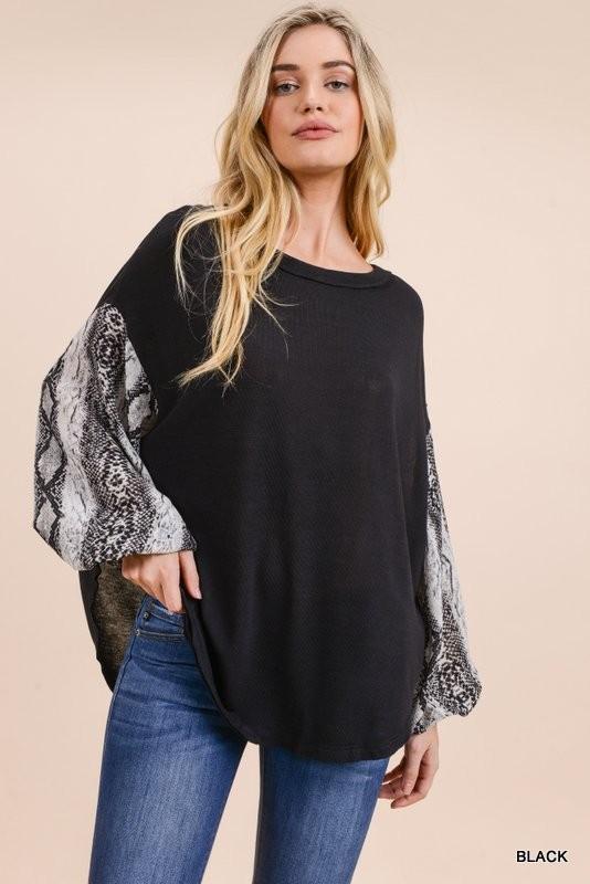 Solid Knit Top with Long Snake Print Bubble Sleeves