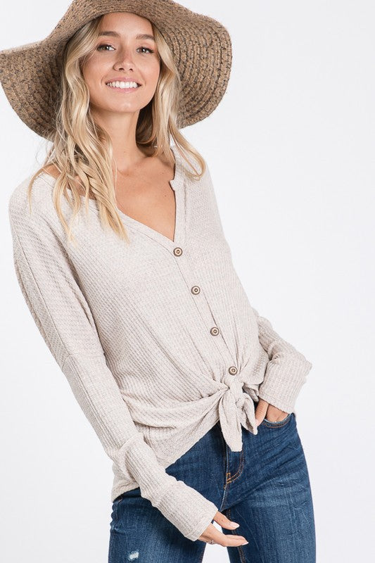 LONG SLEEVE BUTTON DETAIL WAFFLE KNIT TOP