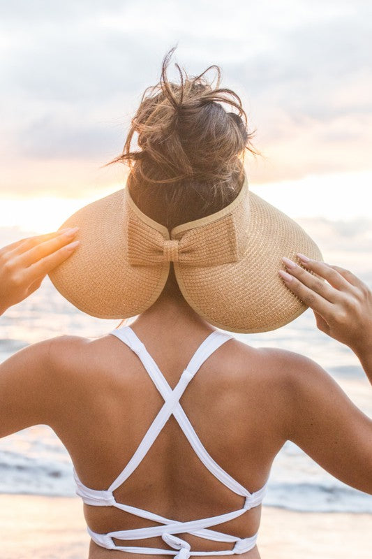 Foldable Wide Brim Hat Visor with Bow Trim