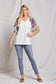 Women's Ruffle Trimmed Short Sleeved Floral Raglan Top
