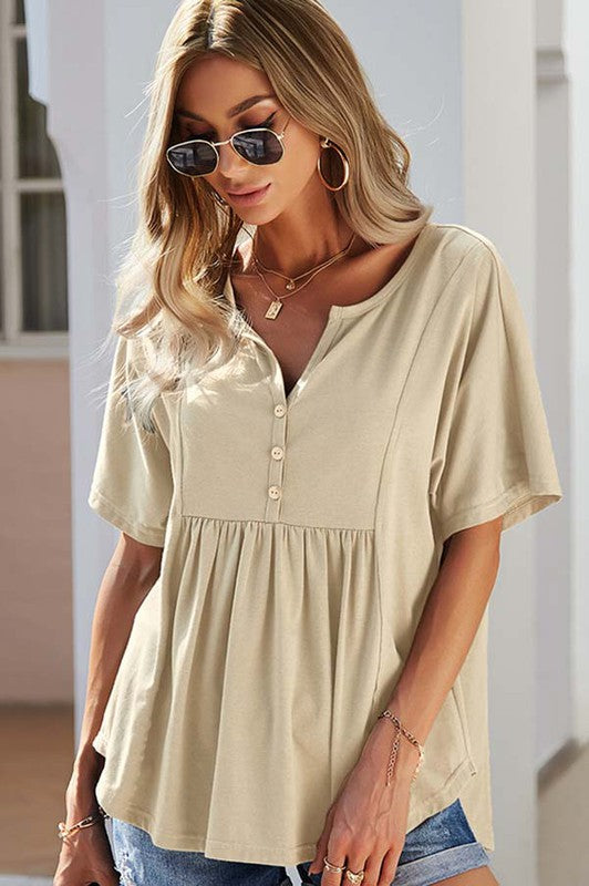 Casual Loose Short Sleeve Top with Front Buttons