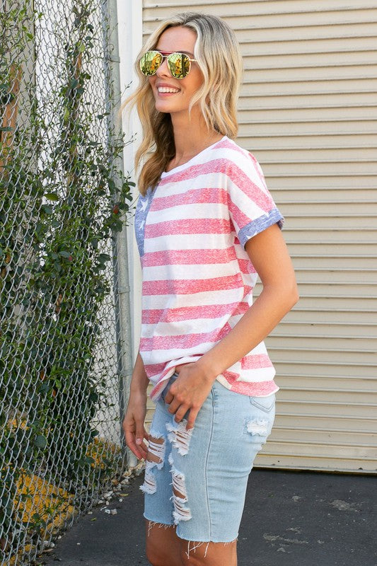 Women's American Flag Striped Tee Shirt Top in Pastel Colors
