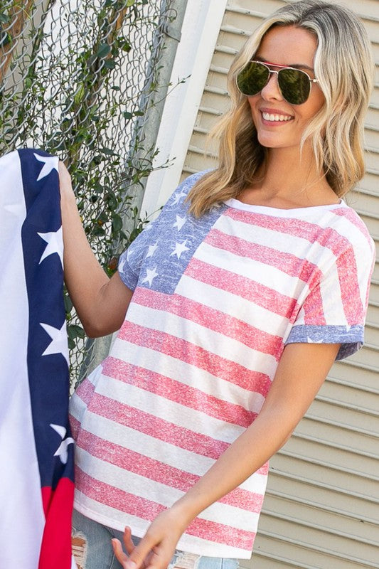 Women's American Flag Striped Tee Shirt Top in Pastel Colors