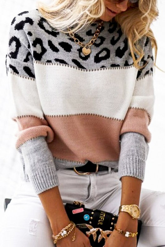 Leopard Print Contrast Long Sleeved Color Block Sweater Top