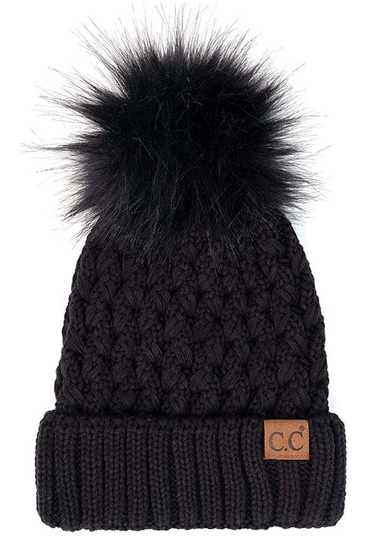 CC Beanie Lattice Crossover Stitch Pattern Beanie Hat with Pom