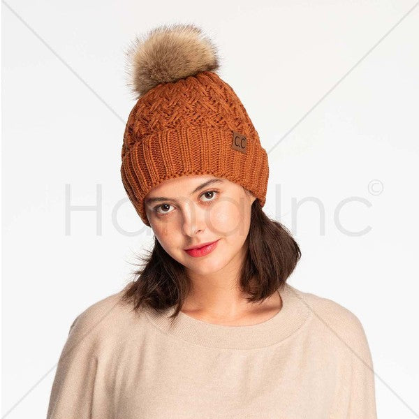 CC Beanie Lattice Crossover Stitch Pattern Beanie Hat with Pom