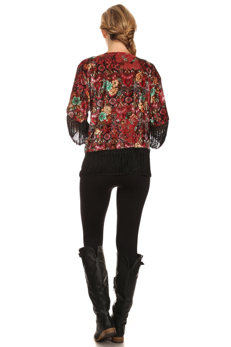 Floral Print Cropped Kimono with Fringe