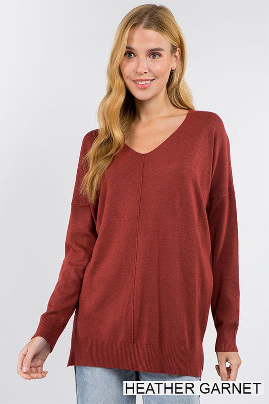 Women's Long Sleeve V Neck Sweater Tunic with Front Seam Detail