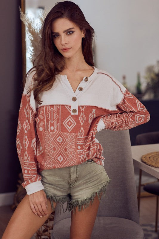 Women's French Terry with Aztec Print Buttoned Henley Top