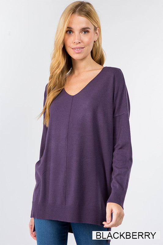 Women's Long Sleeve V Neck Sweater Tunic with Front Seam Detail