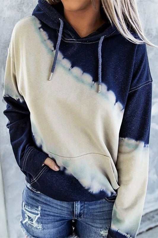 Women's Long Sleeved Tie Dyed Hoodie with Draw String Trim in Navy & White