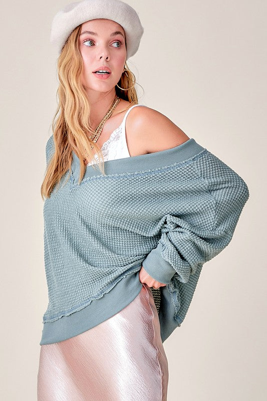 Holly Waffle Knit Top with Oversized Fit and V Neckline