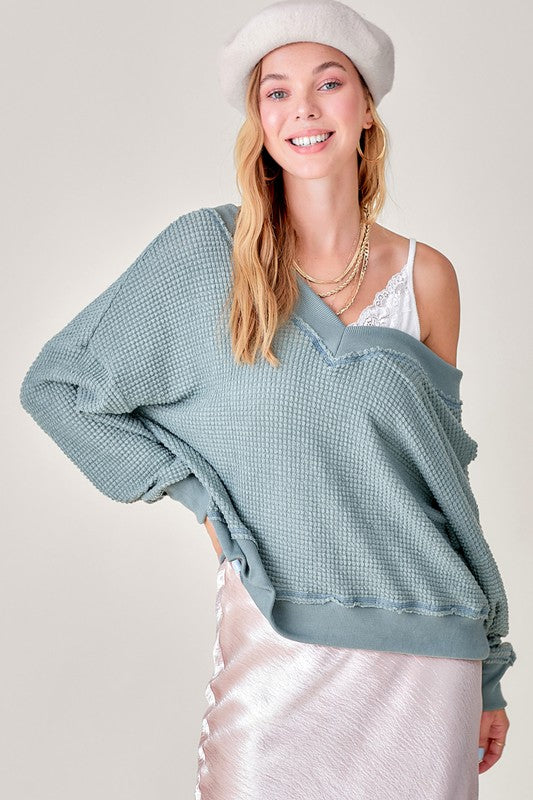 Long Sleeve Waffle Knit Top with Oversized Fit and V Neckline
