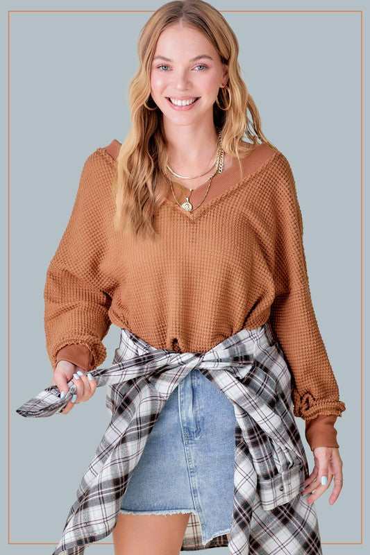 Long Sleeve Waffle Knit Top with Oversized Fit and V Neckline