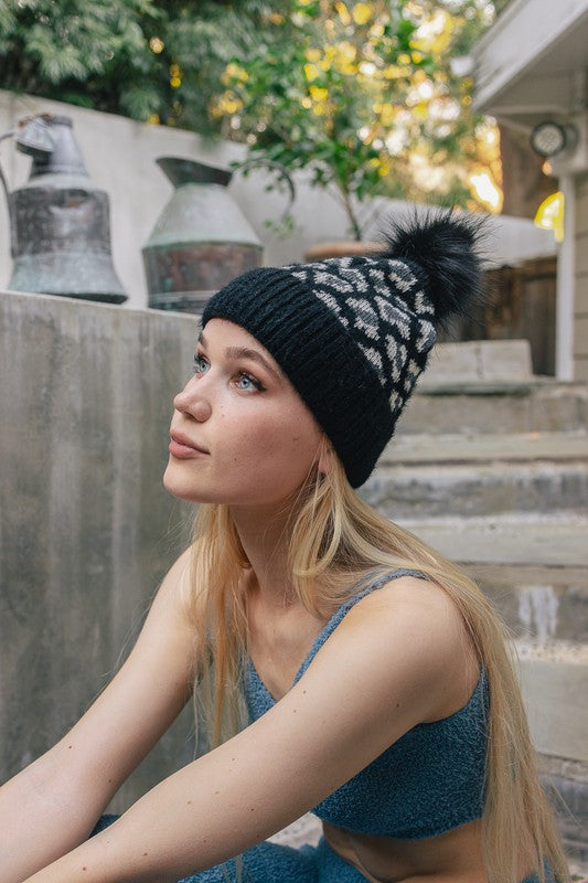 Leopard Knit Beanie Hat with Pom Pom