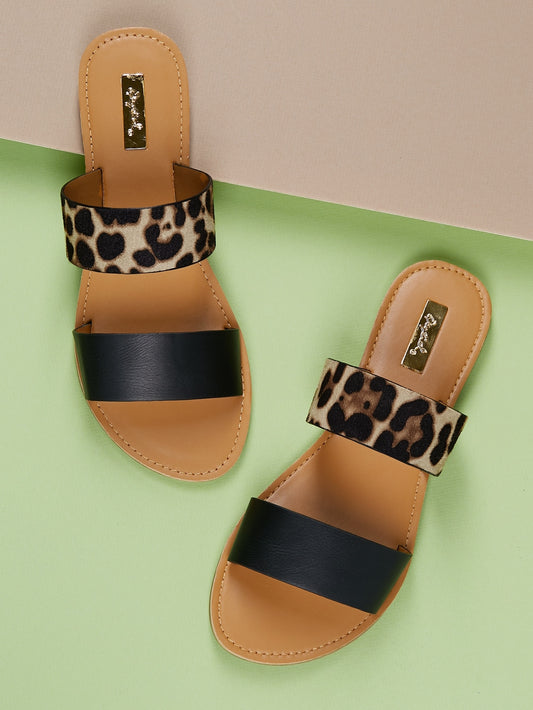 Double Leopard Solid Band Slide On Flat Sandals