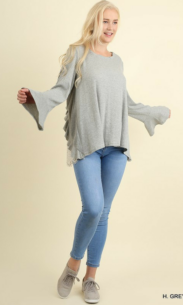 Women's Bell Sleeve Top with Lace and Ruffle Trim Back