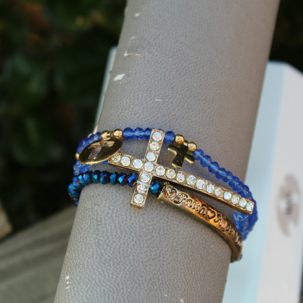 Light Blue Dark Blue  Triple Beaded Bracelet with Gold Cross.