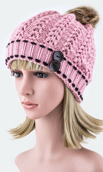 Button Accent Beanie with Faux Fur Pom Pom