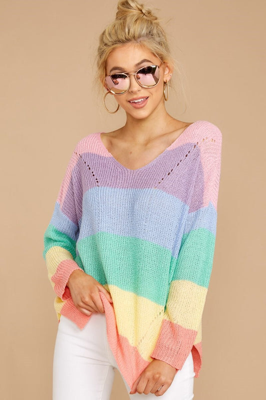 Women's Pastel Stiped Long Sleeve Knitted Sweater