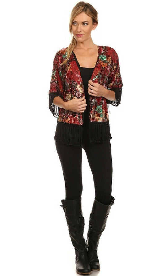 Floral Print Cropped Kimono with Fringe