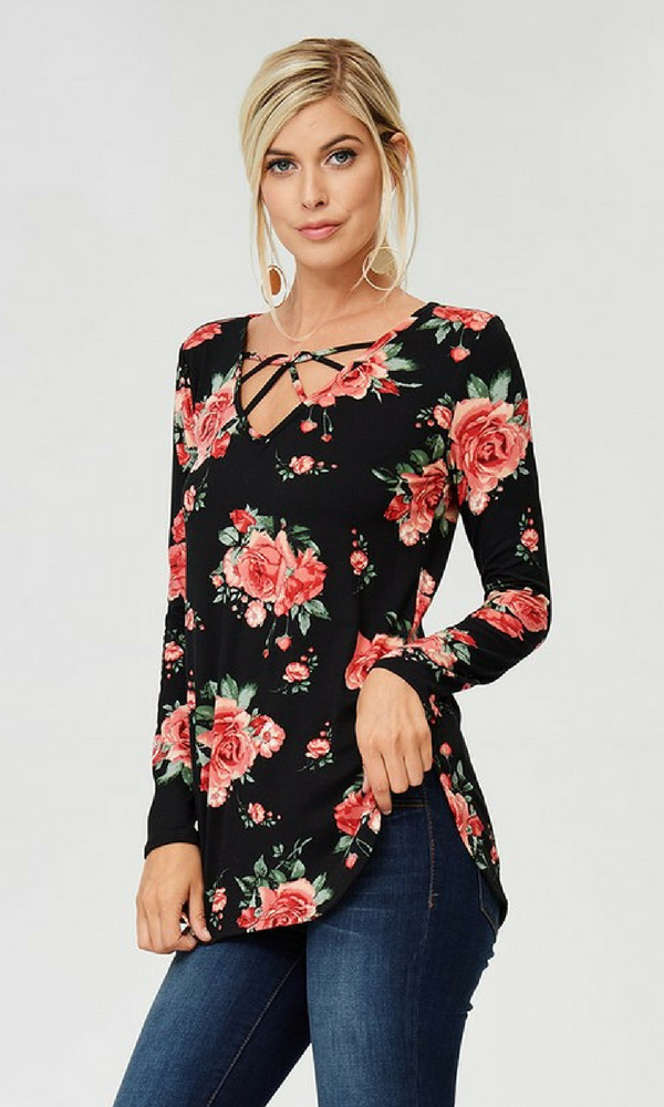 Women's Plus Size Floral Long Sleeve Tunic Top