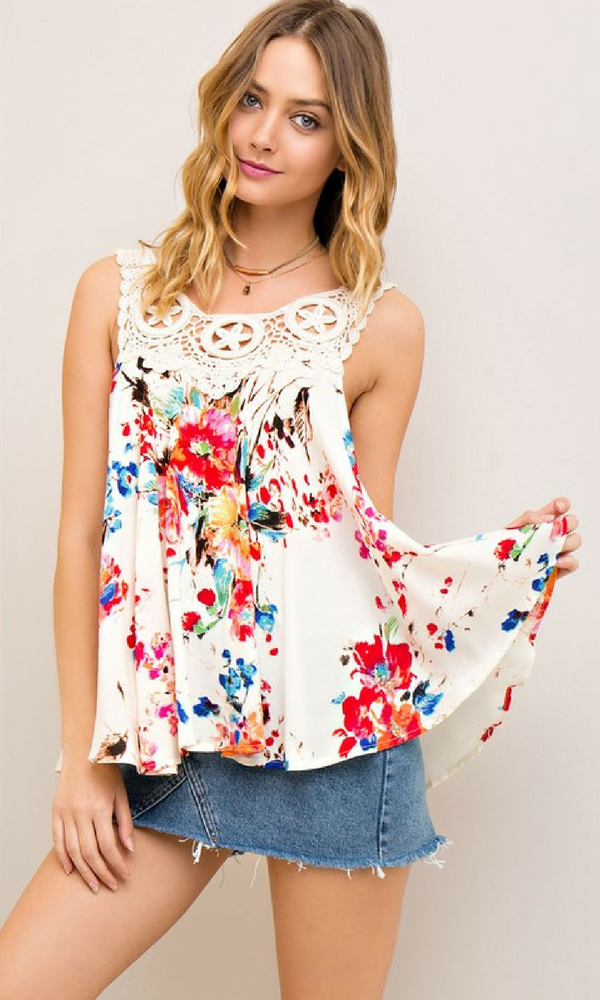 Floral Print Sleeveless Top with Crochet Detail