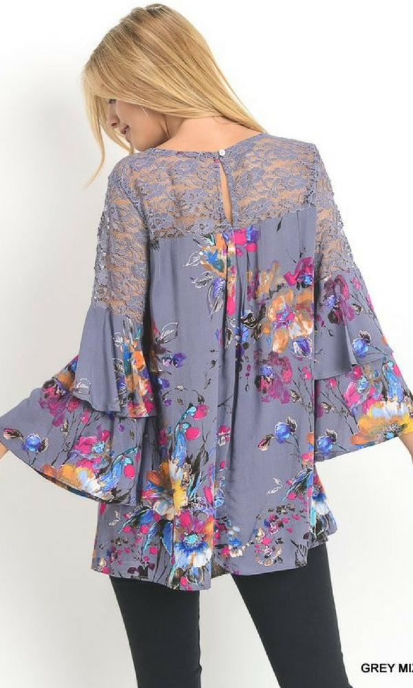 Floral Print Top with Lace Yoke