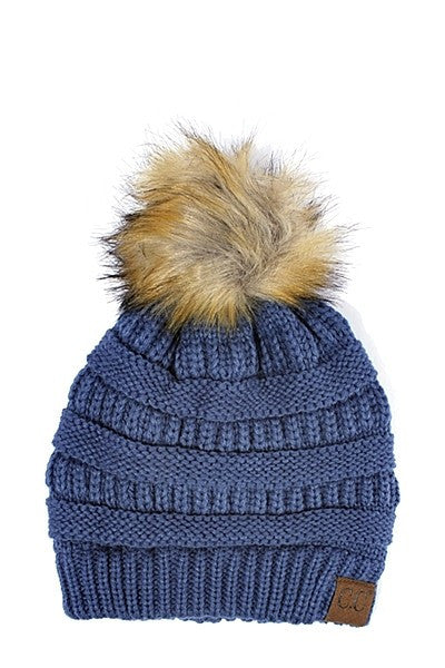 CC Beanie Solid Ribbed Beanie with Faux Fur Pom