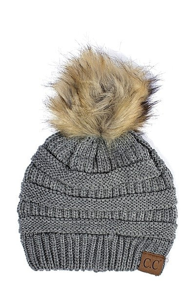 CC Beanie Solid Ribbed Beanie with Faux Fur Pom
