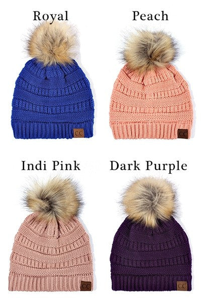 CC Beanie Solid Ribbed Beanie with Faux Fur Pom