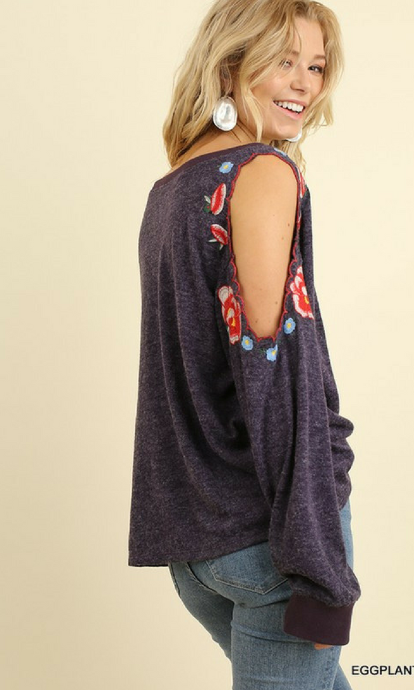 Long Sleeved Top with Floral Embroidered Open Shoulders