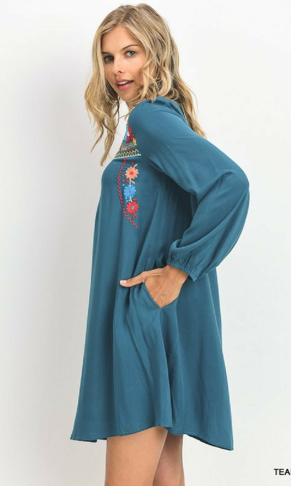 Solid Dress with Embroidered Yoke