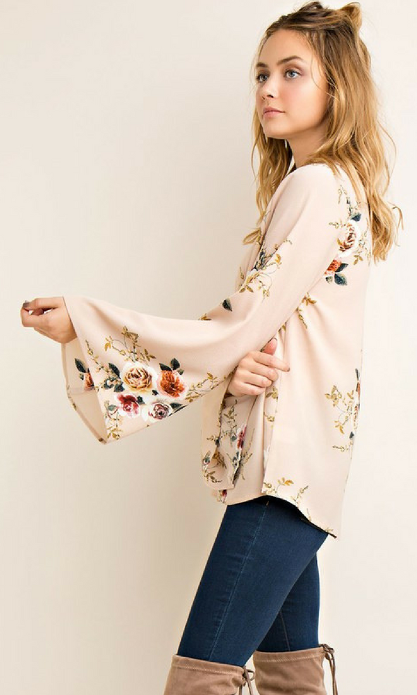 Floral Print A-Line Blouse with Bell Sleeves