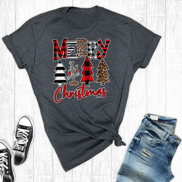 Merry Christmas Short Sleeved Christian Tee Shirt Top with Buffalo Plaid Leopard Letters