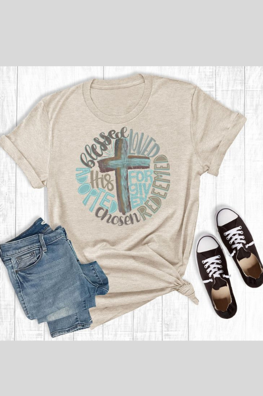 Blessed Loved Forgiven Adopted Chosen Redeemed His Christian Short Sleeved Tee Shirt