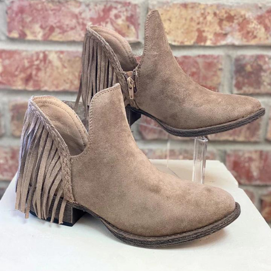 Very G Trio Western style bootie in taupe.