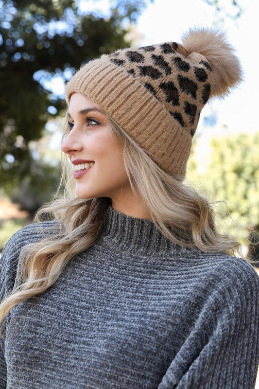 Leopard Knit Beanie Hat with Pom Pom