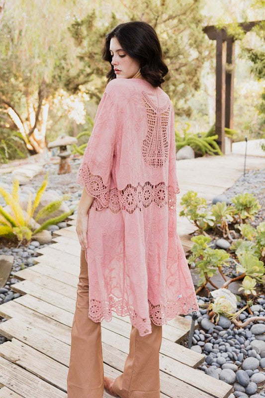 Women's Long Sleeve Kimono with Crochet Trim Detail