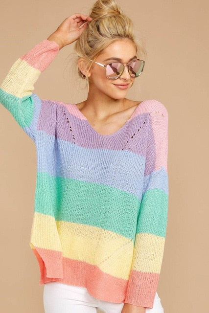 Women's Pastel Stiped Long Sleeve Knitted Sweater