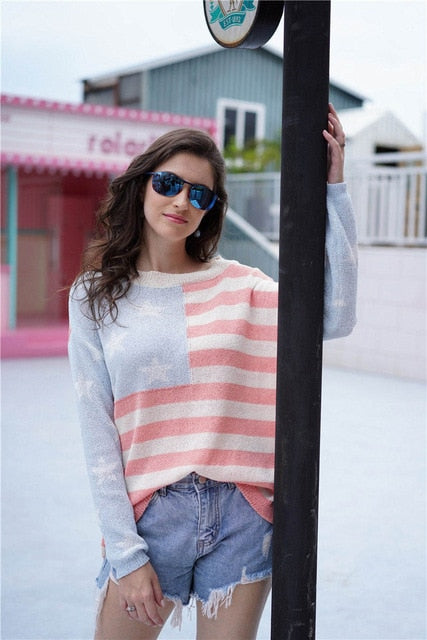 Women's American Flag Pullover Knit Long Sleeved Sweater